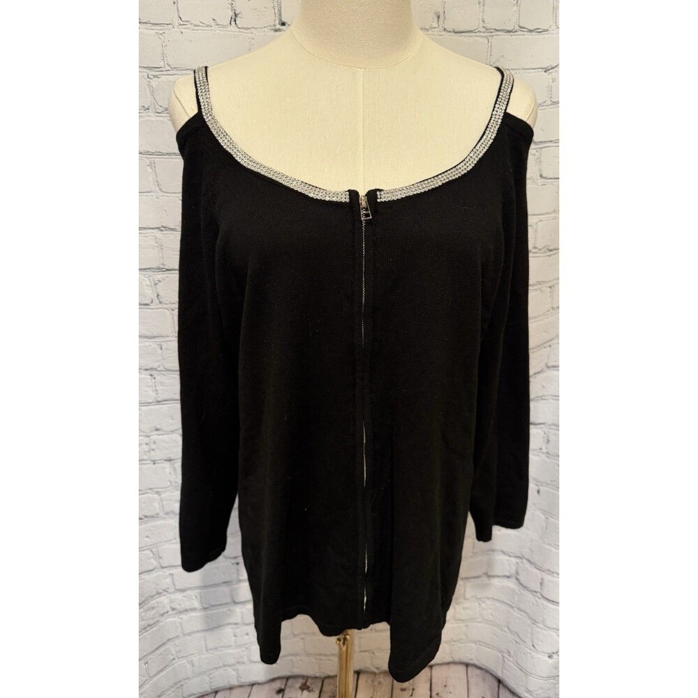 Ashley Stewart black cold-shoulder knit top Rhinestone Trim Full Zip Front 14/16